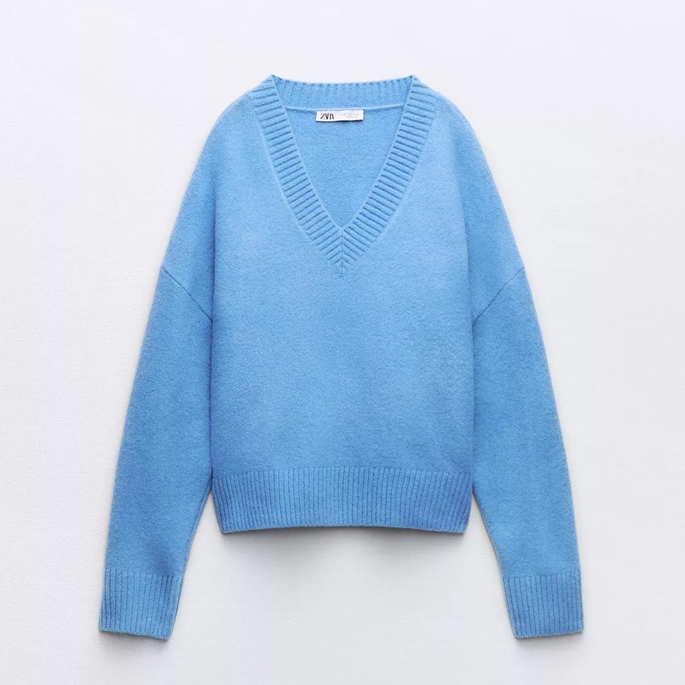 Zara Soft Knit Blue V-Neck Sweater